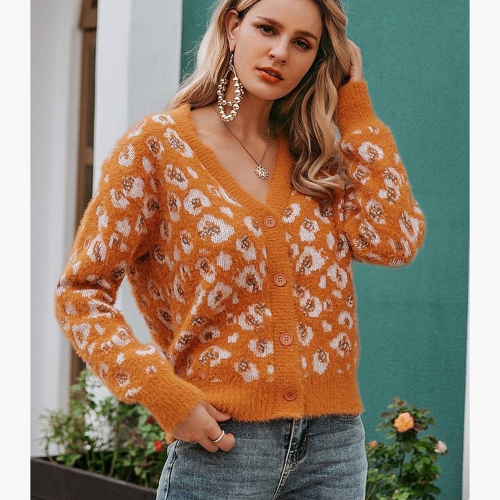 Simplee Apparel Orange Leopard Cardigan - Picture 2 of 7